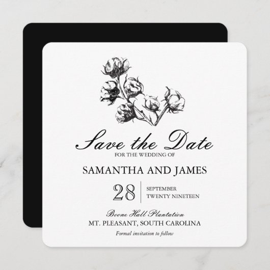 Save The Date Etching Plante en coton | Mariage Enregistrer la d (Devant / Derrière)