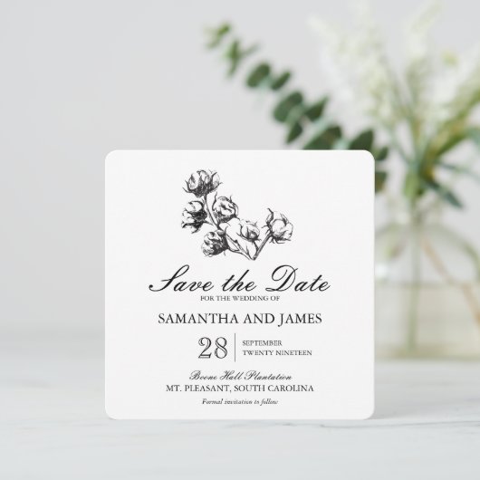 Save The Date Etching Plante en coton | Mariage Enregistrer la d (Debout devant)