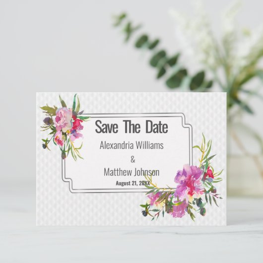 Save The Date Été rose violet blanc floral Enregistrer la date (Debout devant)