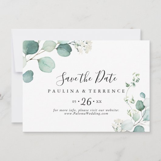 Save The Date Été Vert Eucalyptus Foliage Mariage horizontal (Devant)