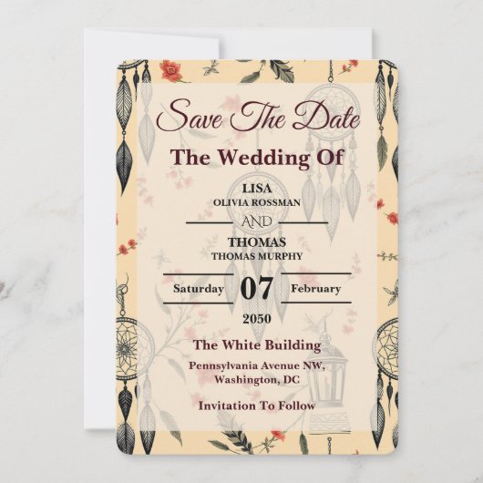 Save The Date Ethereal Boho Feather Wildflower Wedding Motif (Devant)