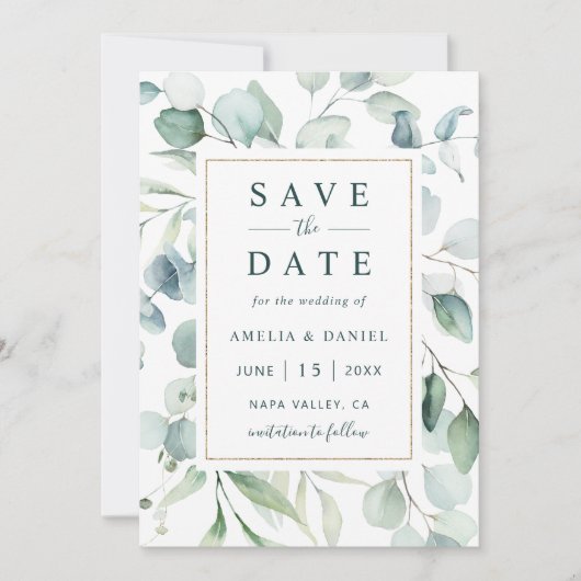 Save The Date Ethereal Eucalyptus Gold Mariage (Devant)