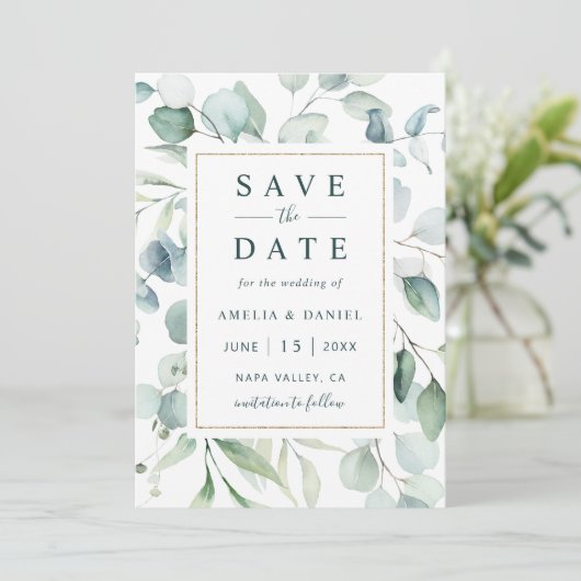Save The Date Ethereal Eucalyptus Gold Mariage (Debout devant)
