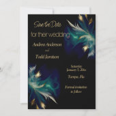 Save The Date Ethereal turquoise bleu noir plumes or mariage (Devant)