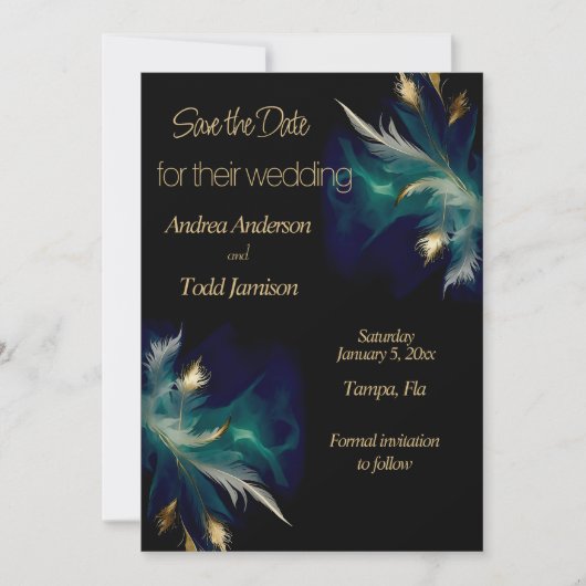 Save The Date Ethereal turquoise bleu noir plumes or mariage (Devant)