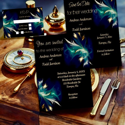 Save The Date Ethereal turquoise bleu noir plumes or mariage