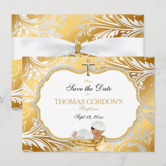 Save The Date Ethnic Baby Boy Baptism Économisez Date Gold Cross (Devant / Derrière)