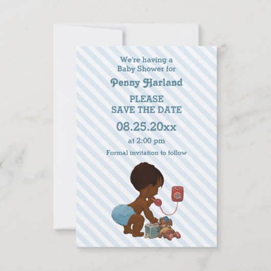 Save The Date Ethnic Boy On Phone Diagonal Stripe Enregistrer La (Dos)
