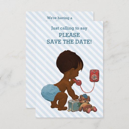 Save The Date Ethnic Boy On Phone Diagonal Stripe Enregistrer La (Devant / Derrière)