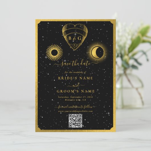 Save The Date Étoiles célestes Crescent Lune Mariage d'or noir (Debout devant)