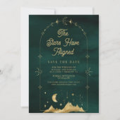 Save The Date Étoiles célestes Emerald Gold Crescent Moon Mariag (Devant)