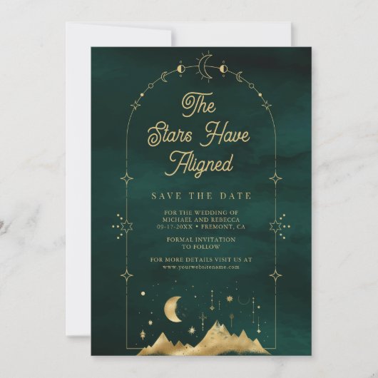 Save The Date Étoiles célestes Emerald Gold Crescent Moon Mariag (Devant)