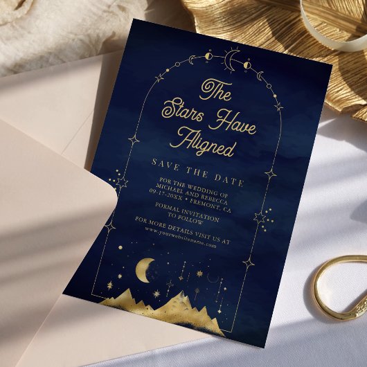 Save The Date Étoiles célestes Mariage Lune Croissant Or Bleu