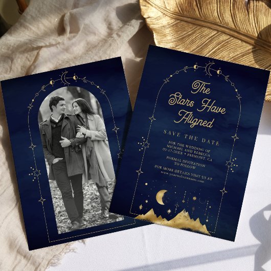 Save The Date Étoiles célestes Mariage Lune Croissant Or Bleu