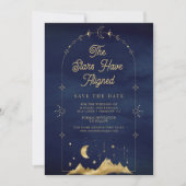 Save The Date Étoiles célestes Mariage Lune Croissant Or Bleu (Devant)