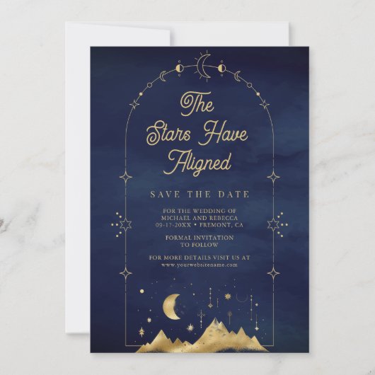 Save The Date Étoiles célestes Mariage Lune Croissant Or Bleu (Devant)