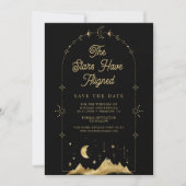 Save The Date Étoiles célestes Mariage Lune Croissant Or Noir (Devant)