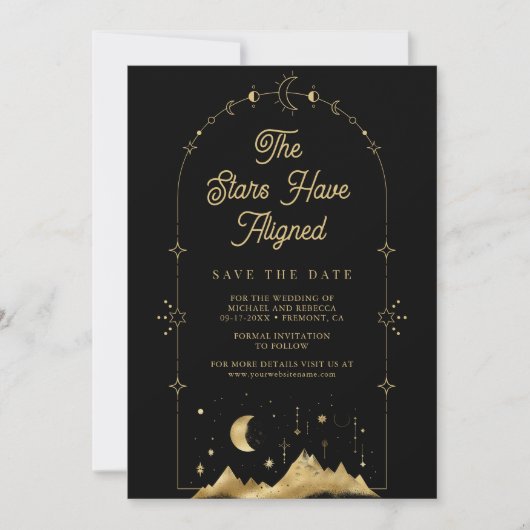 Save The Date Étoiles célestes Mariage Lune Croissant Or Noir (Devant)