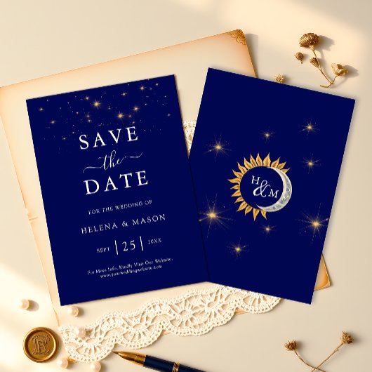 Save The Date Étoiles de minuit Monogramme Bleu Nuit Mariage