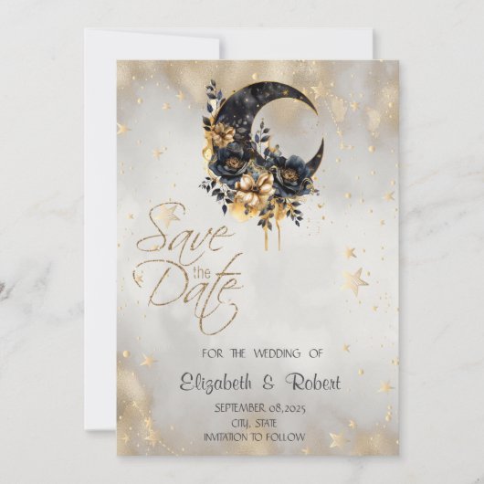 Save The Date Étoiles dorées célestes Fleur de lune (Devant)