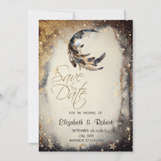 Save The Date Étoiles dorées célestes Lune Plume (Devant)