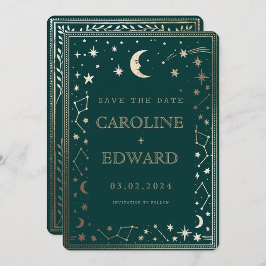 Save The Date Étoiles Dorées Lune Céleste Code Qr Enregistrer la (Devant / Derrière)