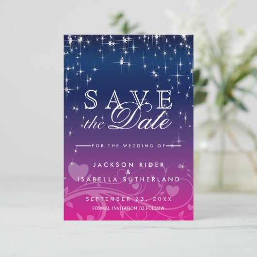 Save The Date Étoiles en bleu foncé et rose - Enregistrer la dat (Debout devant)