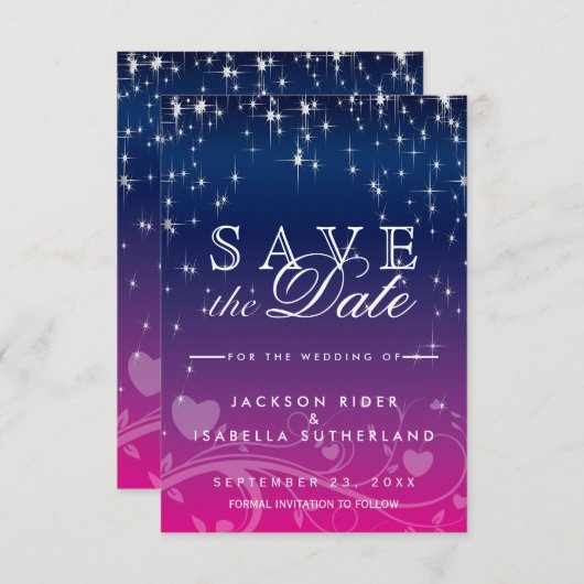Save The Date Étoiles en bleu foncé et rose - Enregistrer la dat (Devant / Derrière)