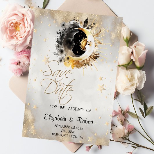 Save The Date Étoiles Lunes Fleurs Or Céleste