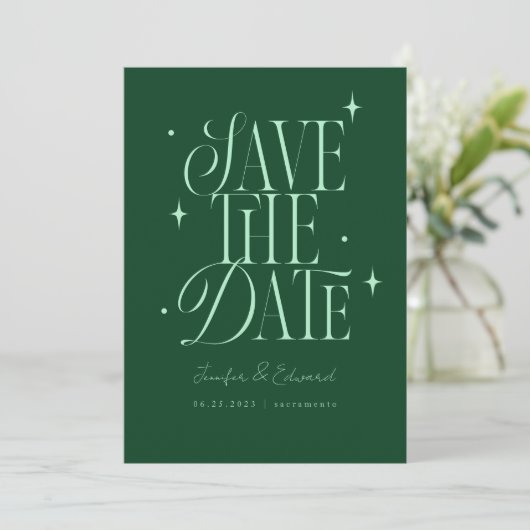 Save The Date Étoiles Whimsical Emerald Green Enregistrer la dat (Debout devant)