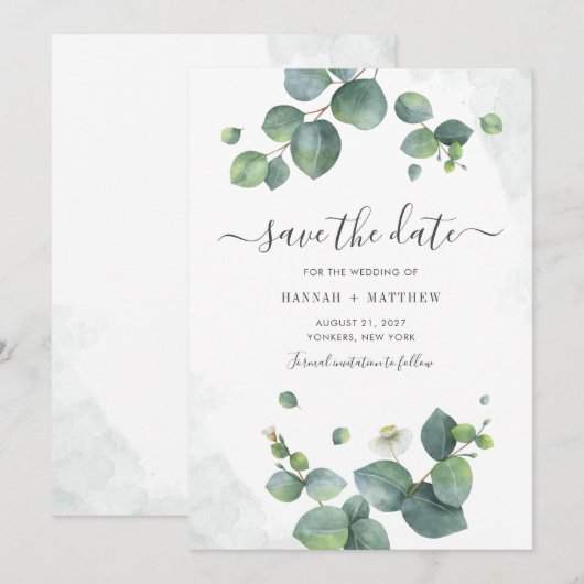 Save The Date Eucalyptus Aquarelle Écriture Verdure Botanique (Devant / Derrière)