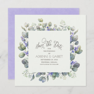 Save The Date Eucalyptus avec Lavender Flowers Carré Mariage