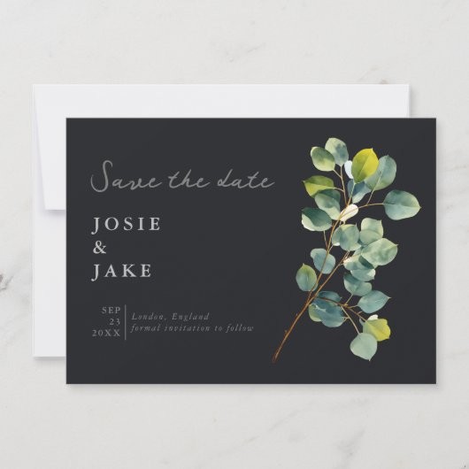 Save The Date Eucalyptus branche verte feuilles foncé enregistre (Devant)
