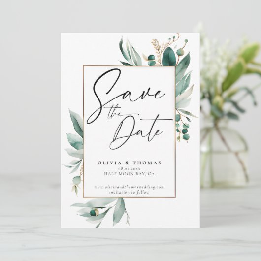 Save The Date Eucalyptus Cadre de verdure Mariage romain moderne (Debout devant)