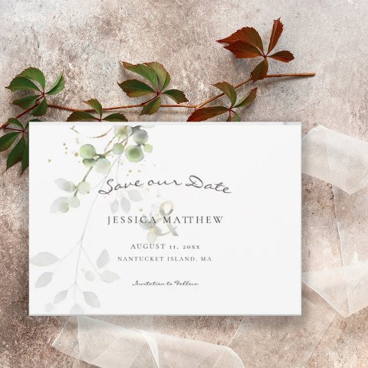 Save The Date Eucalyptus d'aquarelle moderne | Mariage or
