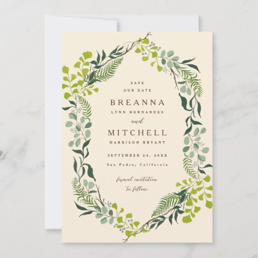 Save The Date Eucalyptus de Fern Crème Mariage à la main (Devant)