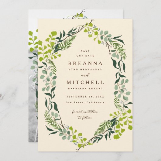Save The Date Eucalyptus de Fern Crème Mariage à la main (Devant / Derrière)