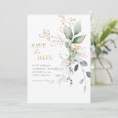 Save The Date Eucalyptus doux avec photo dorée (Debout devant)