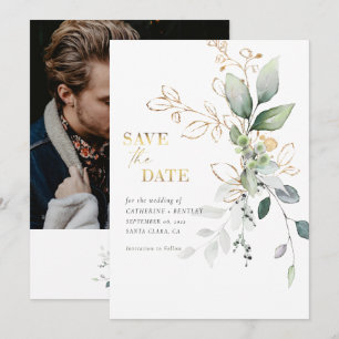 Save The Date Eucalyptus doux avec photo dorée