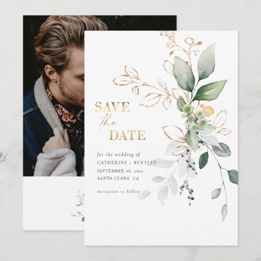 Save The Date Eucalyptus doux avec photo dorée (Devant / Derrière)