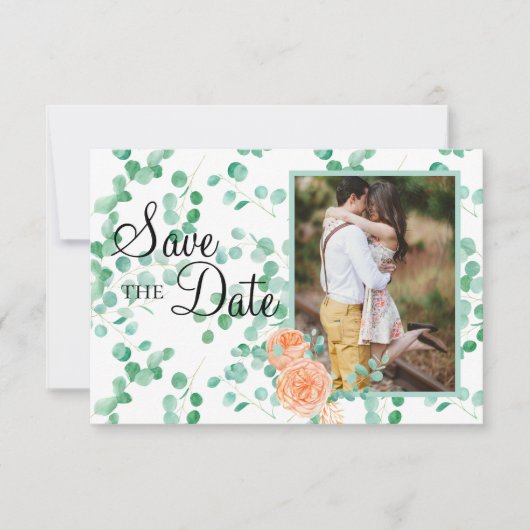 Save The Date Eucalyptus Élégant Vert Fleur Florale de Pêche (Devant)