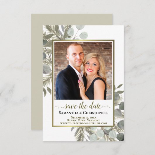 Save The Date Eucalyptus et Mariage photo de pin rustique (Devant / Derrière)