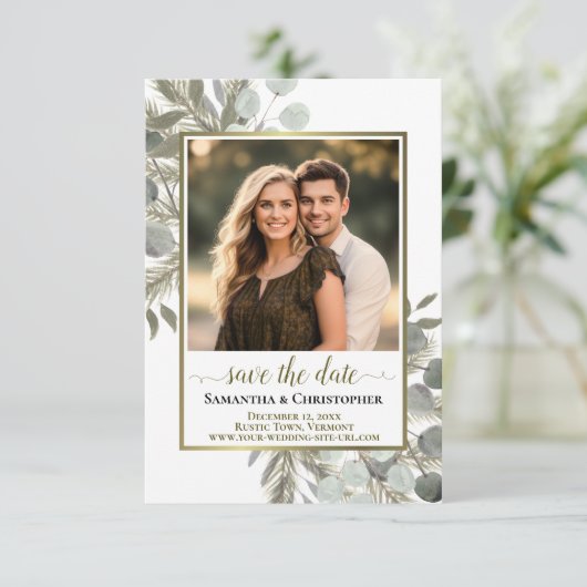 Save The Date Eucalyptus et Mariage photo de pin rustique (Debout devant)