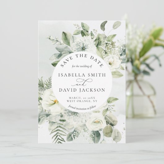 Save The Date Eucalyptus Feuillage Vert Sage Vert Floral Blanc (Debout devant)
