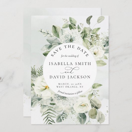Save The Date Eucalyptus Feuillage Vert Sage Vert Floral Blanc (Devant / Derrière)