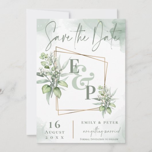Save The Date Eucalyptus Feuille Gold Frame Mariage de verdure (Devant)