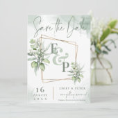 Save The Date Eucalyptus Feuille Gold Frame Mariage de verdure (Debout devant)