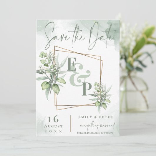 Save The Date Eucalyptus Feuille Gold Frame Mariage de verdure (Debout devant)