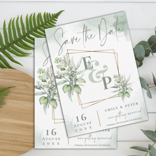 Save The Date Eucalyptus Feuille Gold Frame Mariage de verdure