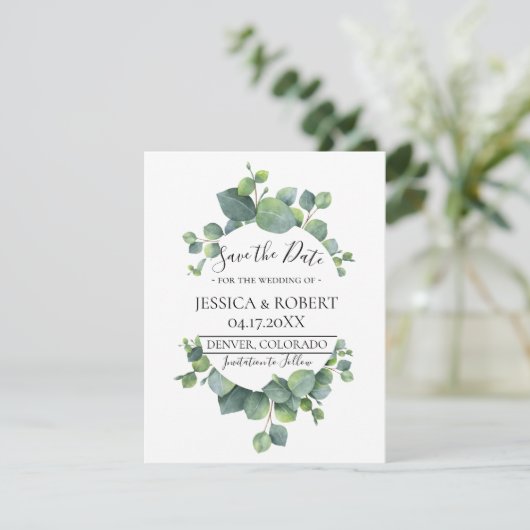 Save The Date Eucalyptus Feuilles mariage Enregistrer la date (Debout devant)